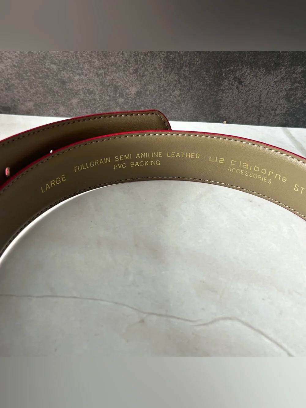 Liz Claiborne Red Leather Belt with Gold Circular Buckle